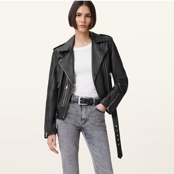 All Saints Black Balfern Leather Biker Jacket with Silver Hardware - Picture 2 of 8